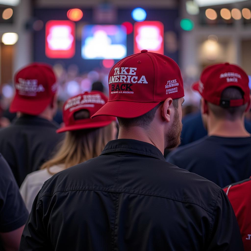 People wearing take america back hats at a political rally