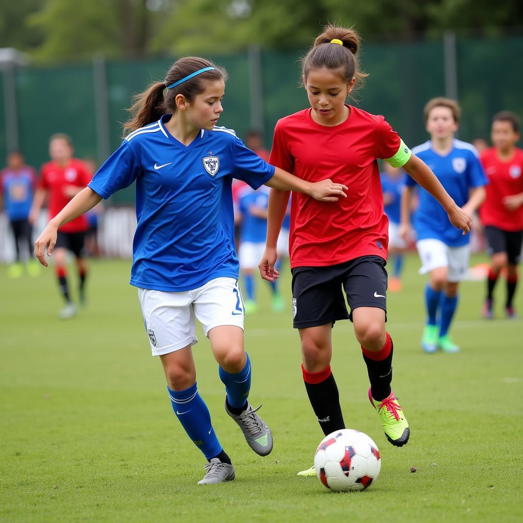 Youth soccer players competing intensely in the Tarheel League District 7 Tournament