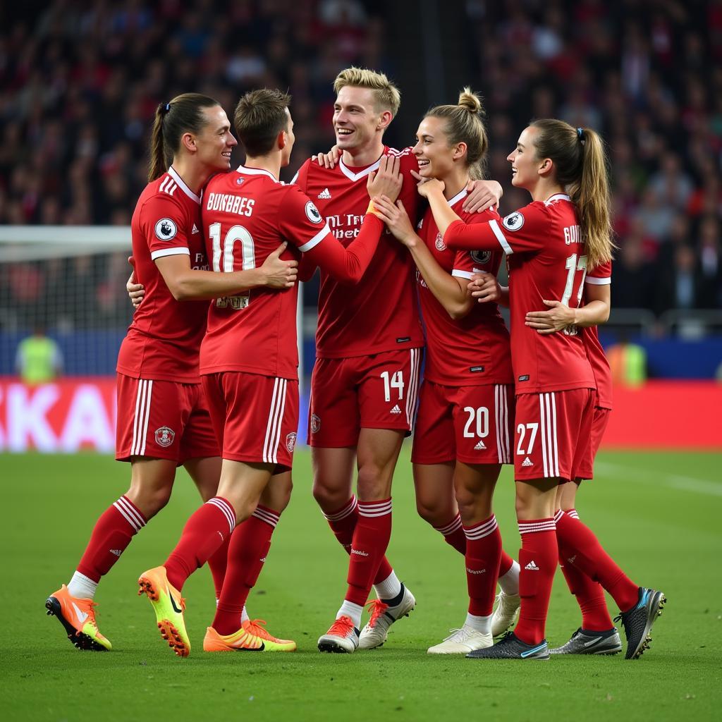 Frenkie de Jong celebrating a goal with his teammates