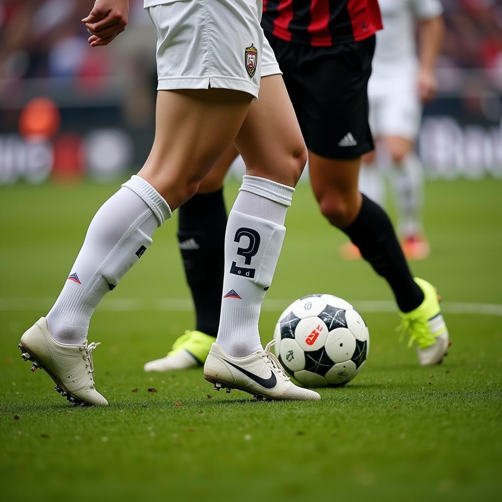 Football team using numbered socks during a professional match for player identification.