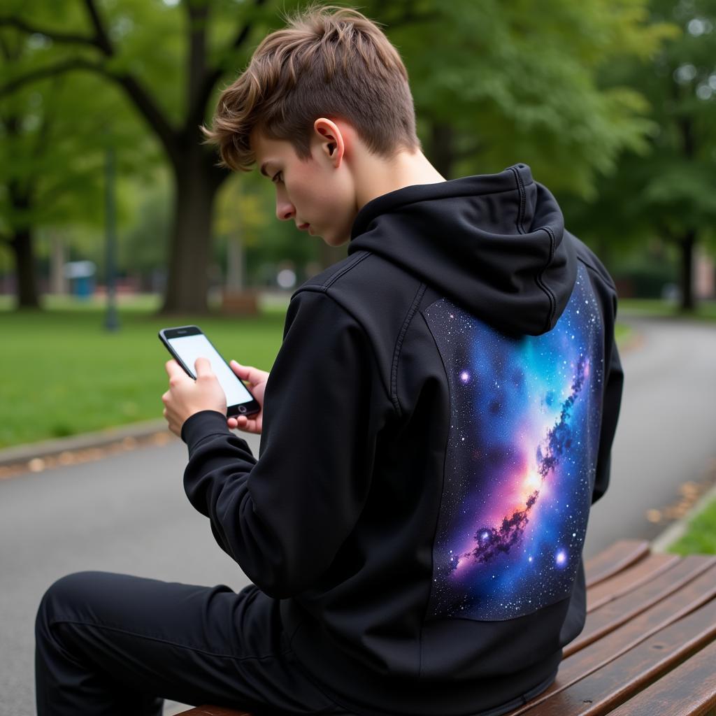 Teenager wearing an astro hoodie while looking at his phone