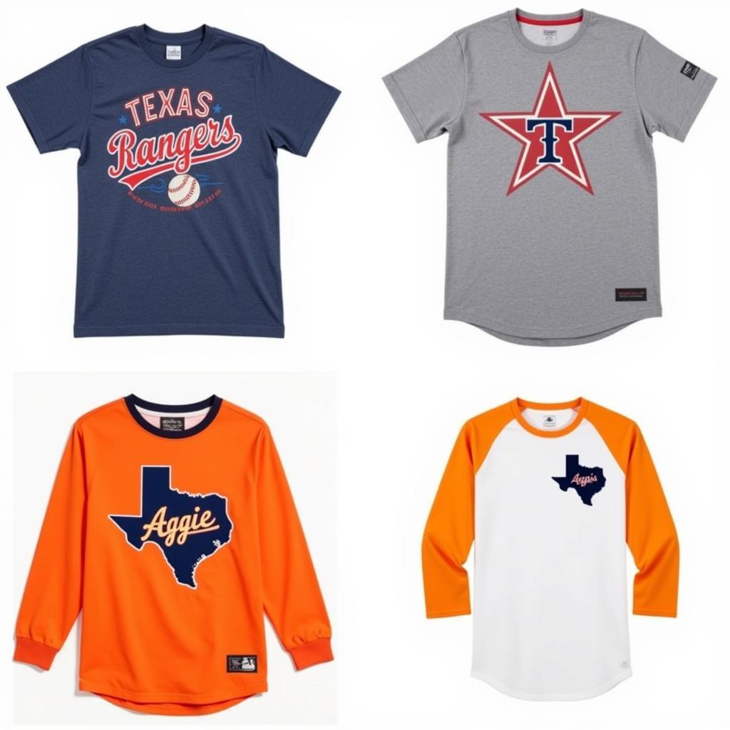 Texas Pride Shirts Variety: A collage showcasing different styles and designs of Texas pride shirts, including vintage, modern, sports-themed, and those featuring iconic symbols.