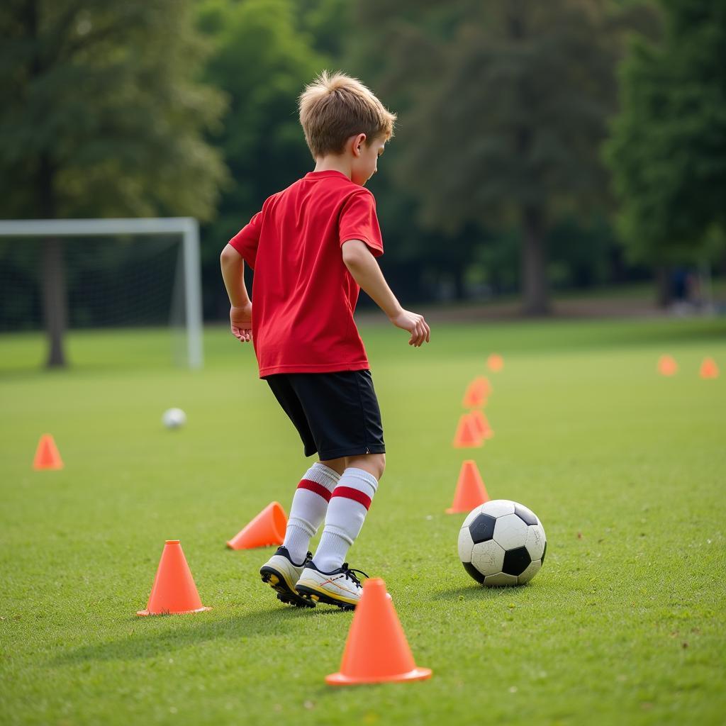 Young footballer practicing dribbling skills with intense focus, showcasing advanced ball control techniques.