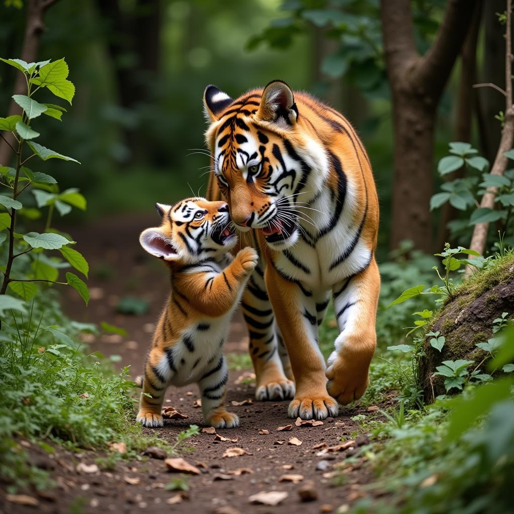 Tiger Cub Playing with its Mother