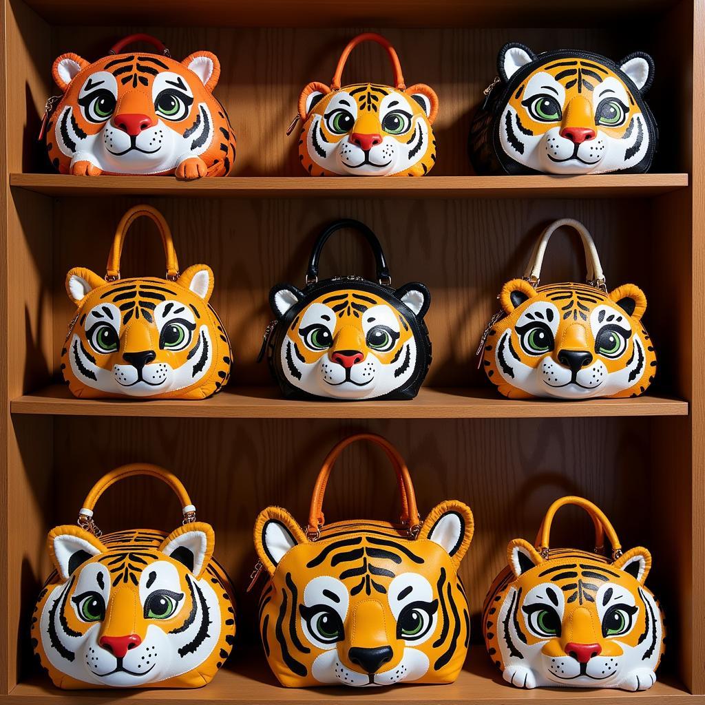 A Collection of Tiger Purses Displayed on a Shelf