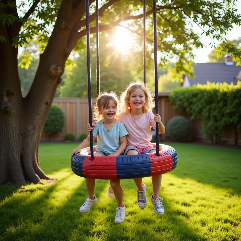 Kids enjoying a tire swing in the backyard