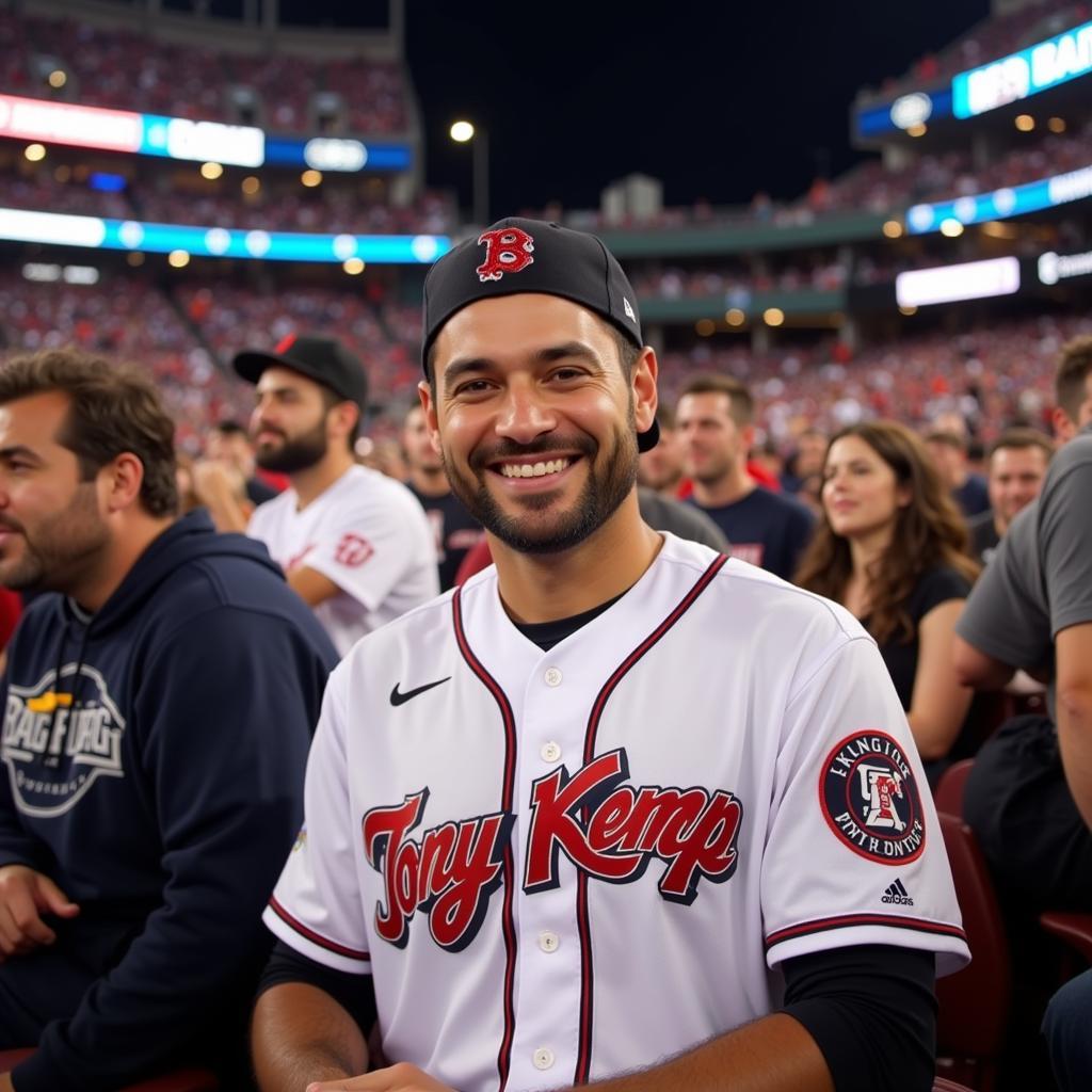 A fan wearing a Tony Kemp jersey at a baseball game