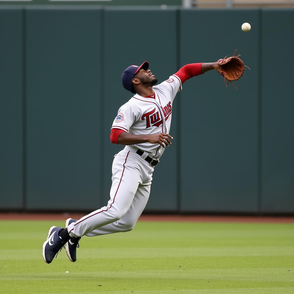 Torii Hunter in his Minnesota Twins jersey making a spectacular catch in center field.