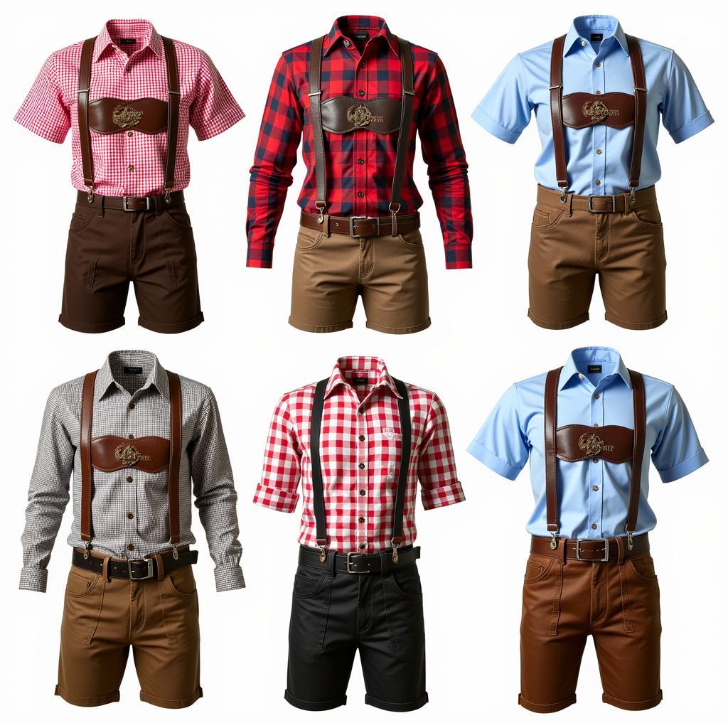 Traditional Bavarian Oktoberfest Shirts: A showcase of classic checkered and plaid designs in various colors with horn buttons, worn both tucked into Lederhosen and untucked.