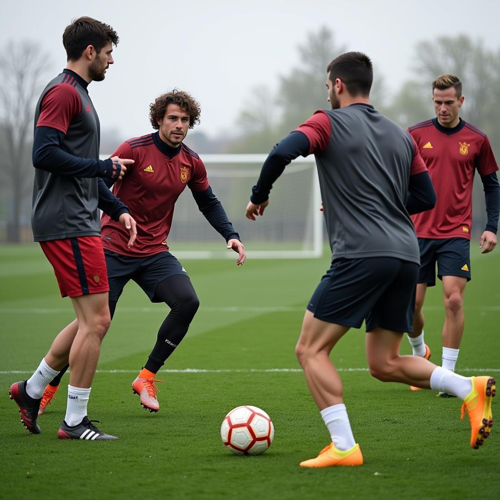 Football players practicing passing and dribbling drills to enhance their midfield skills.