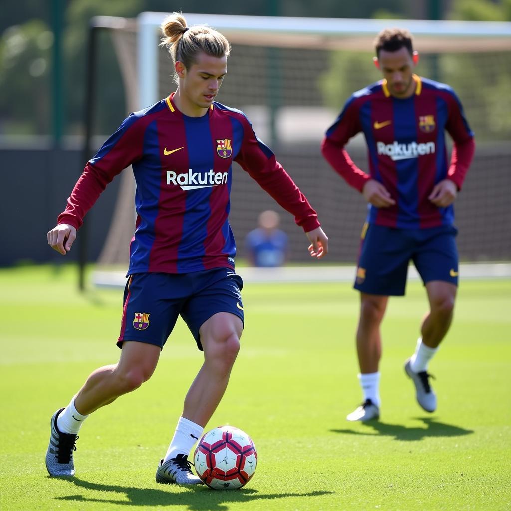 Frenkie de Jong practicing ball control drills on the training ground