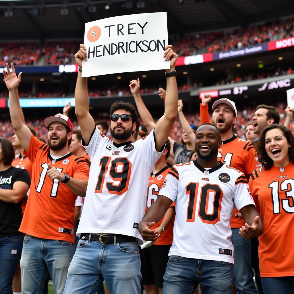 Fans wearing Trey Hendrickson white jerseys, demonstrating their support and admiration.