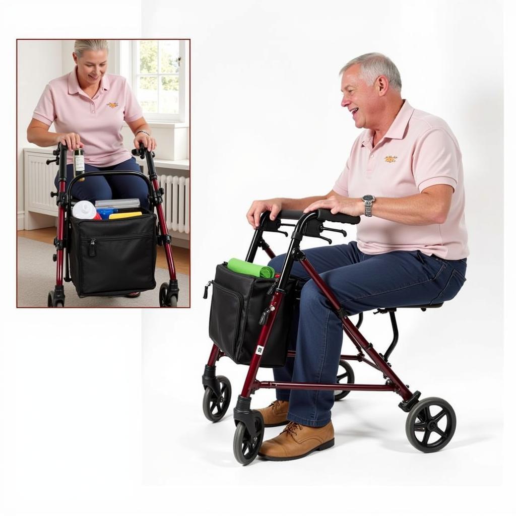 Senior accessing items from an under-seat walker bag