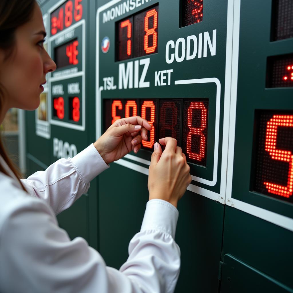 Inspecting a used baseball scoreboard for damage