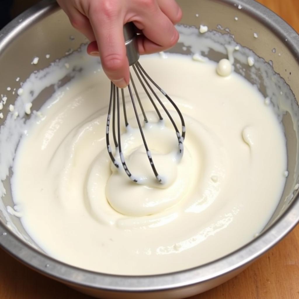 Whipping cream with a 6 wire whip in a metal bowl