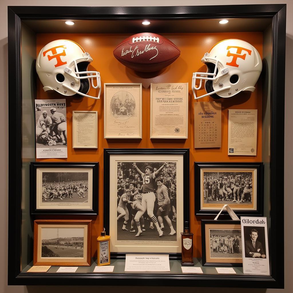 Ut Vols Collectibles - A display case showcasing various Ut Vols collectibles, including autographed memorabilia, vintage programs, and historic photos.