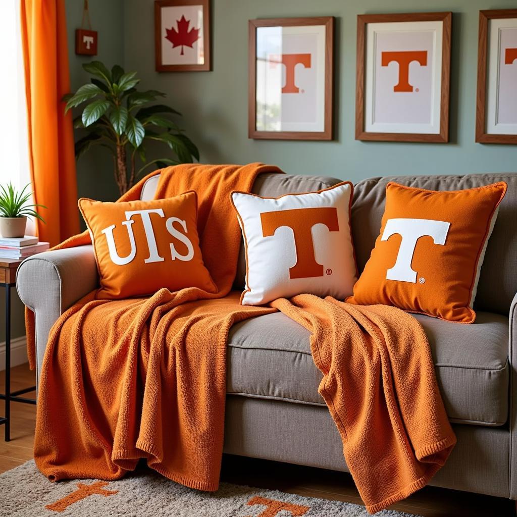 Ut Vols Home Decor - A living room decorated with Ut Vols themed items, such as blankets, pillows, and wall art.