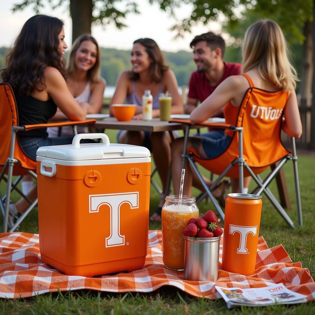 Ut Vols Tailgate Gear - A group of friends enjoying a tailgate party with various Ut Vols branded items, including coolers, chairs, and tumblers.