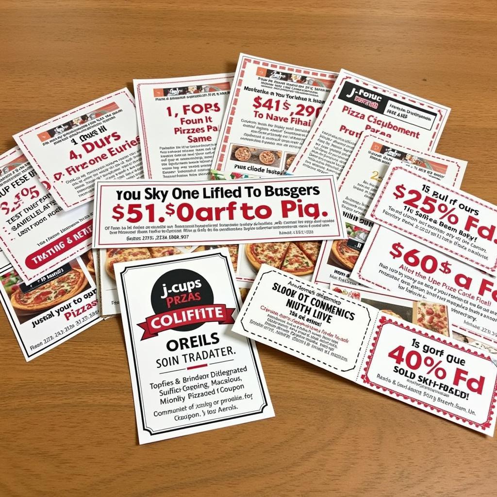 Different types of j-cups pizza coupons displayed on a table