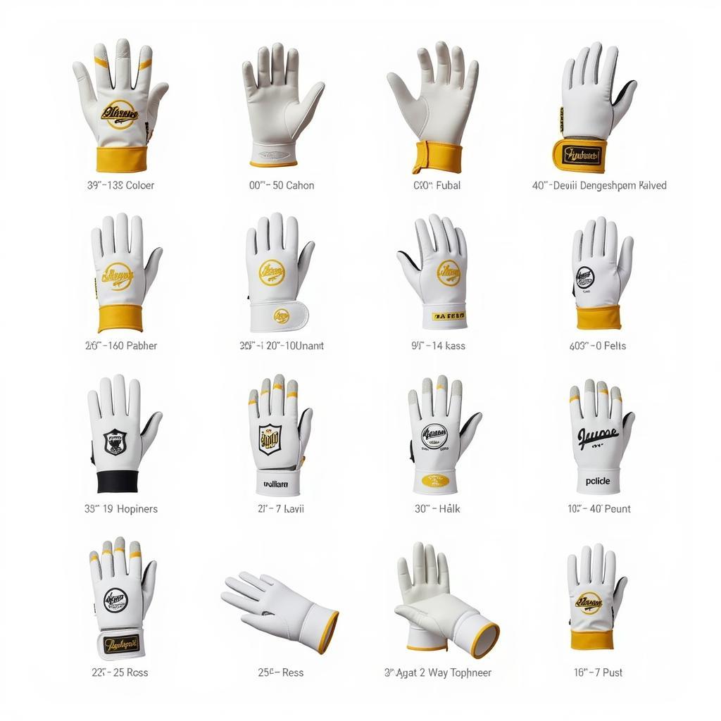 A display of various white and gold batting gloves showcasing different styles, brands, and sizes