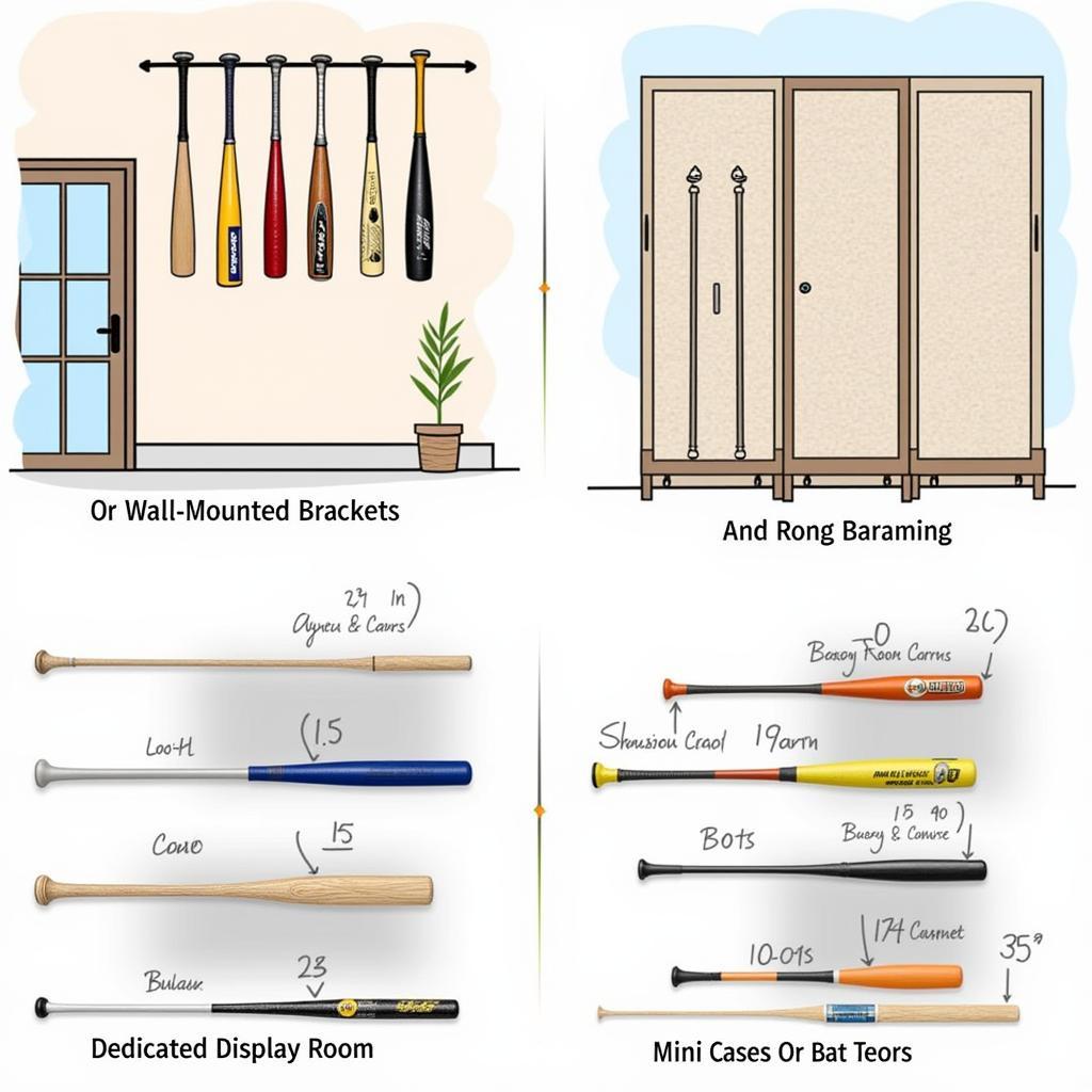 Various types of baseball bat brackets displayed in garages, basements, and display rooms