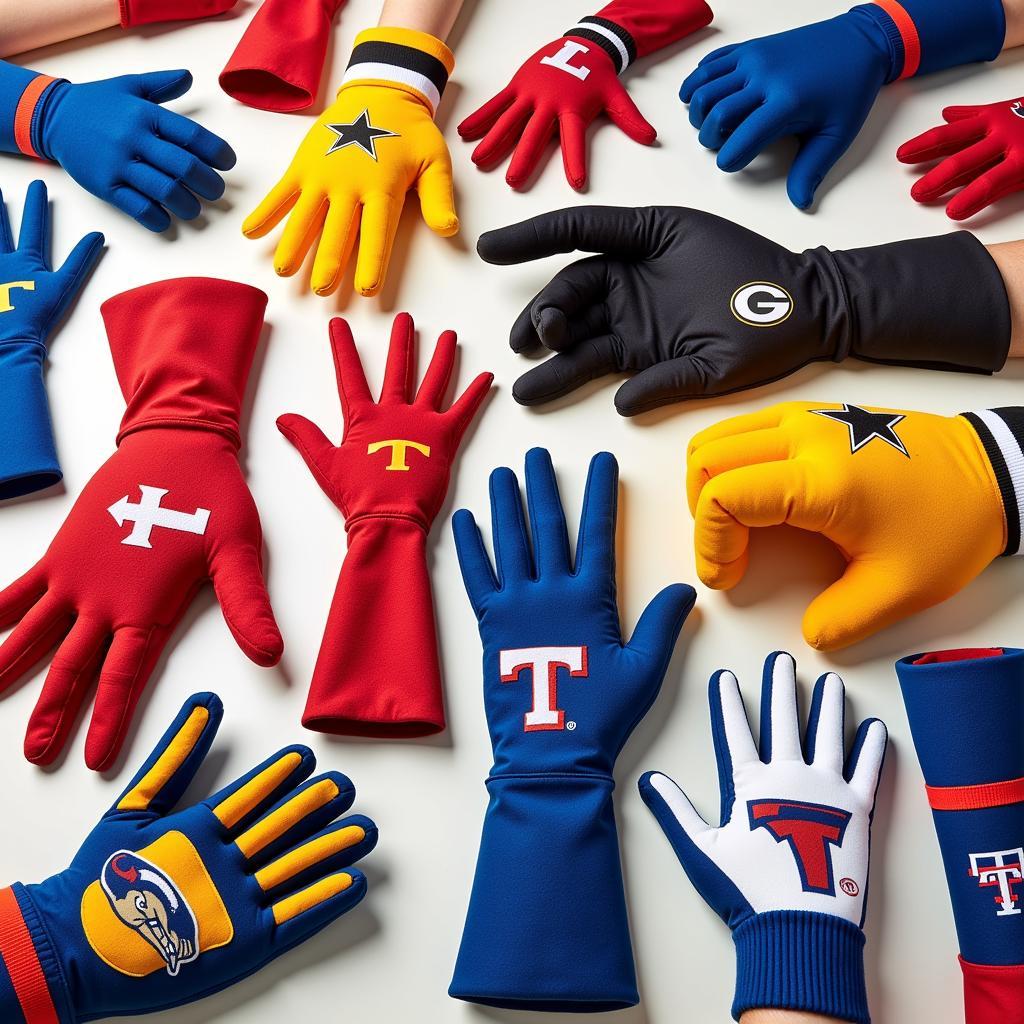 A collection of giant foam hands in various colors and designs.