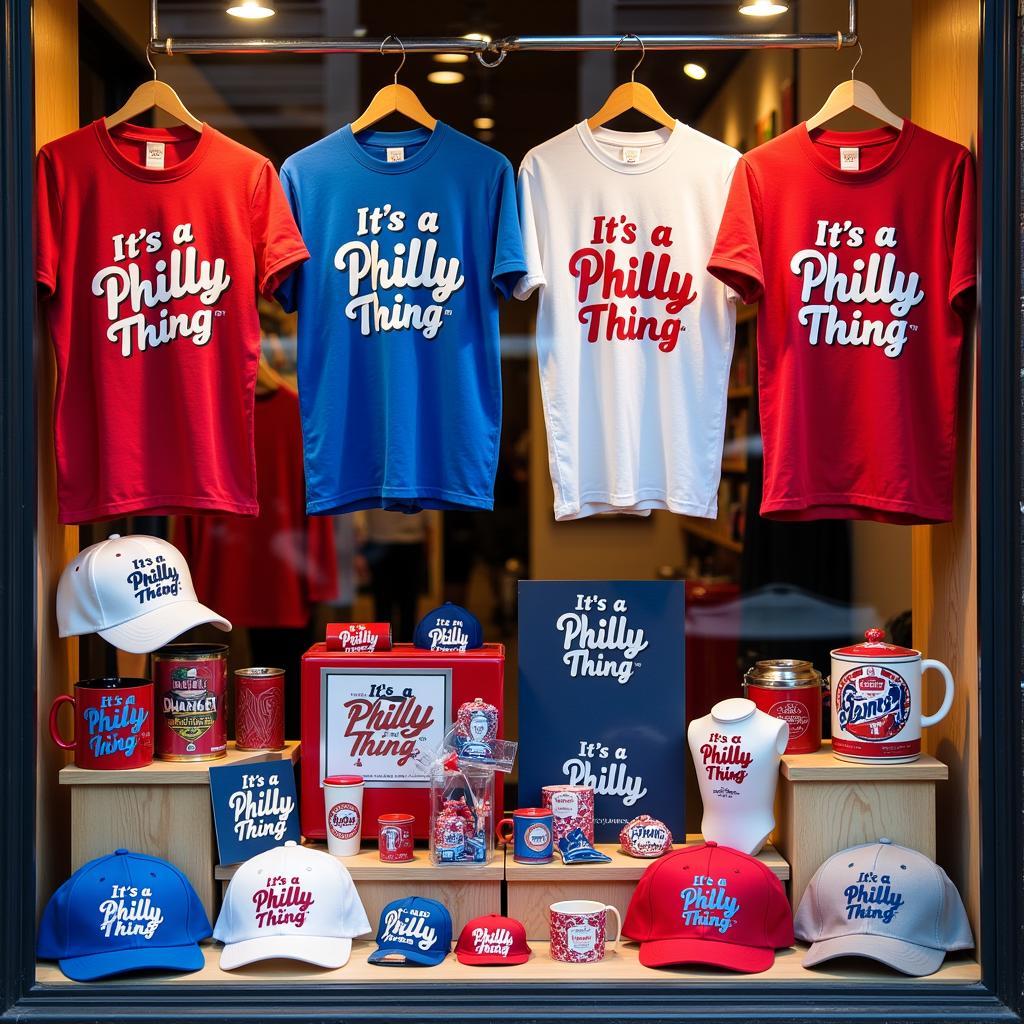 A display of "It's a Philly Thing" merchandise, including t-shirts, hats, and mugs.