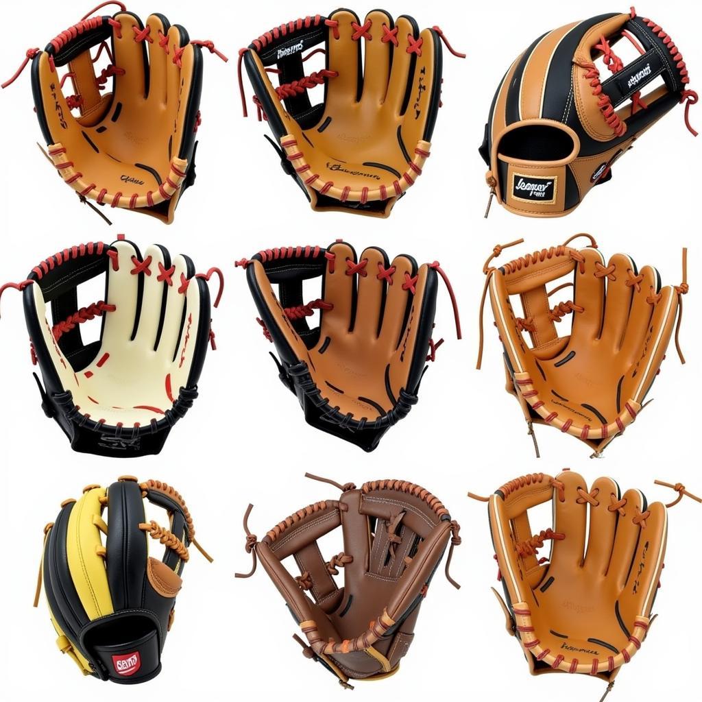 Different models of left-handed first base softball gloves showcasing various brands, colors and designs.