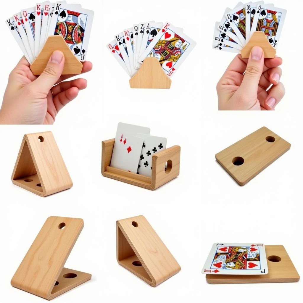 A variety of playing card holders for handicapped individuals, showcasing different designs, materials, and functionalities.