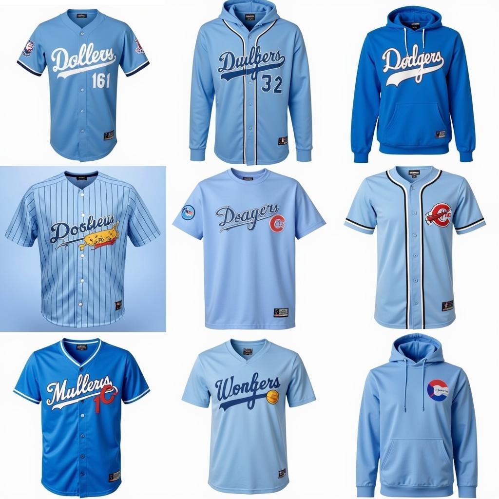 Different types of powder blue apparel, including baseball jerseys, basketball jerseys, and streetwear.