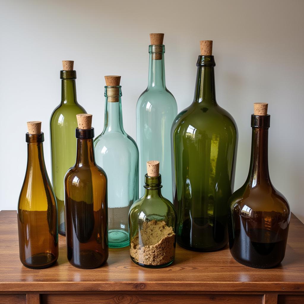 Various sizes and shapes of large glass bottles with corks