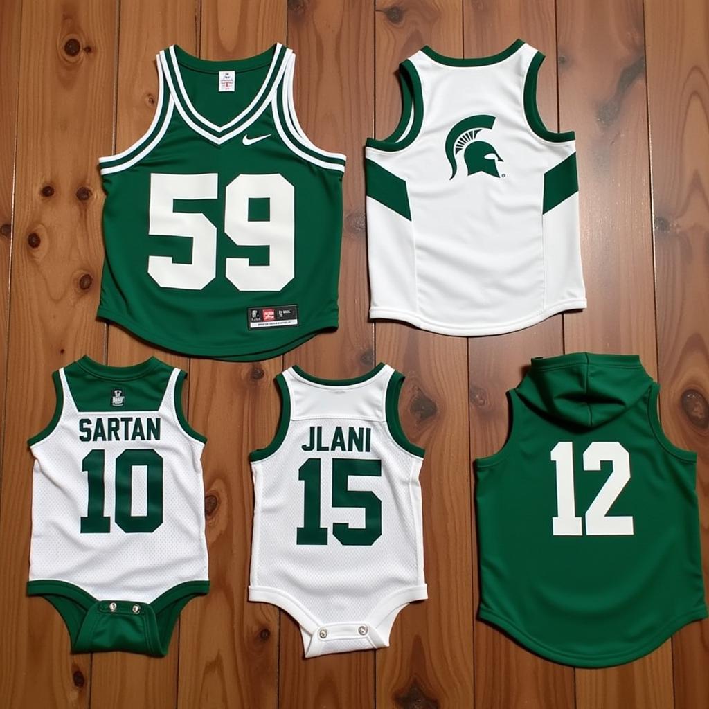 Different styles of Michigan State University dog jerseys displayed on mannequins