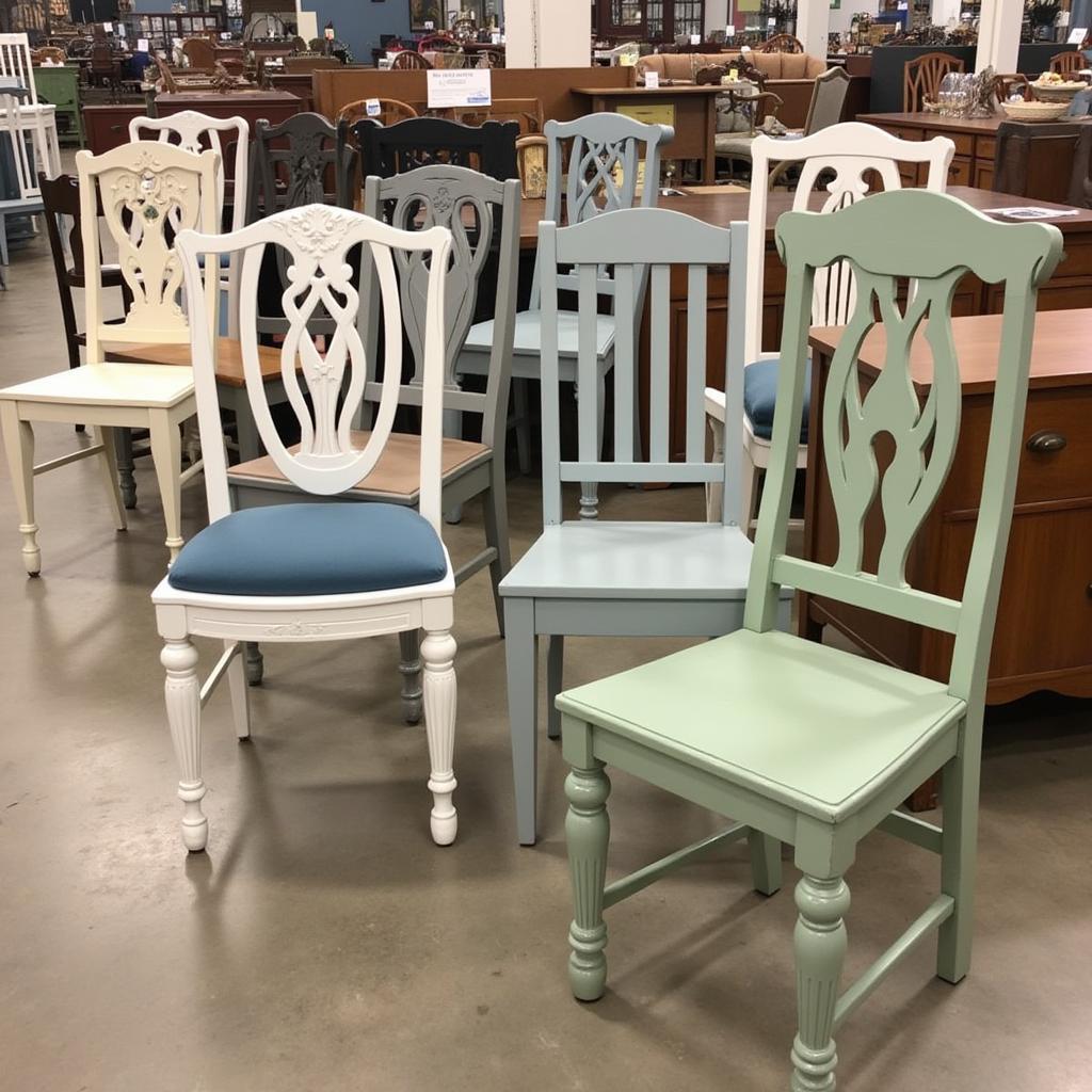 Different styles and colors of painted pressed back chairs showcased in a furniture showroom