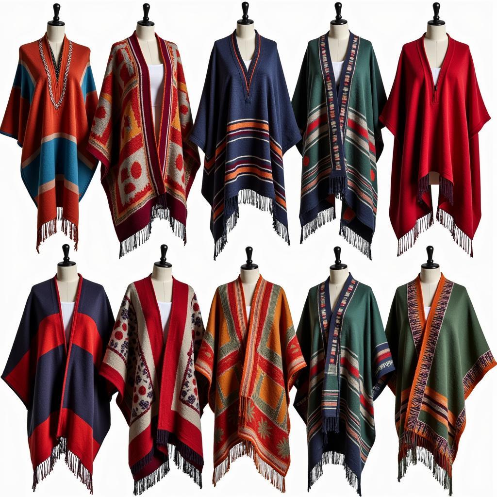 Various Styles of Poncho Mexican Sweaters Displayed on Mannequins