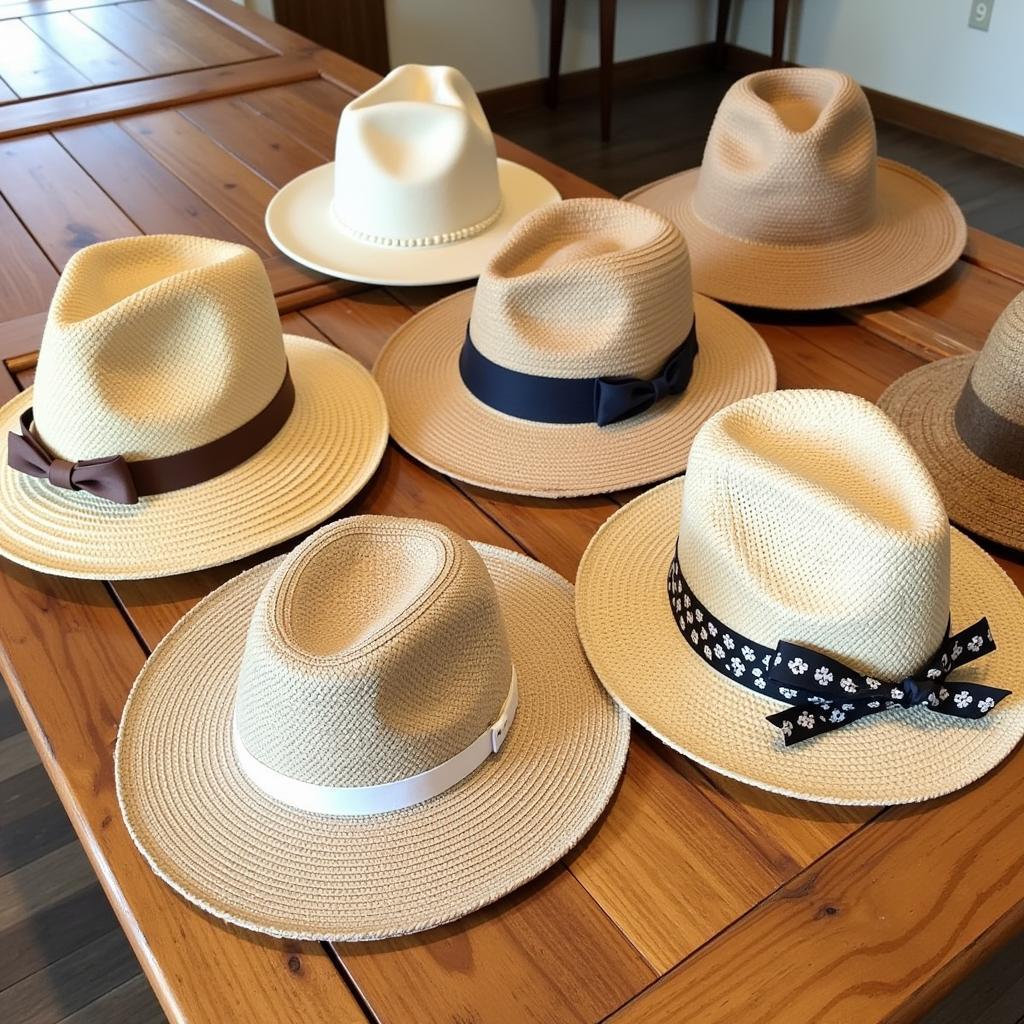 Various styles of rays straw hats displayed on a table