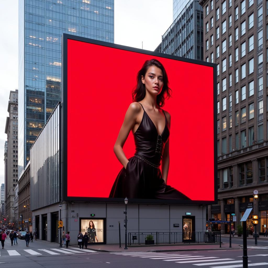 Vermillion billboard dominating cityscape featuring high-fashion advertisement