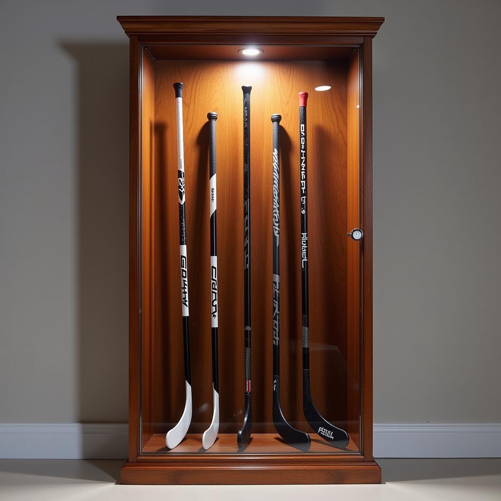 Freestanding vertical hockey stick display case with integrated lighting.