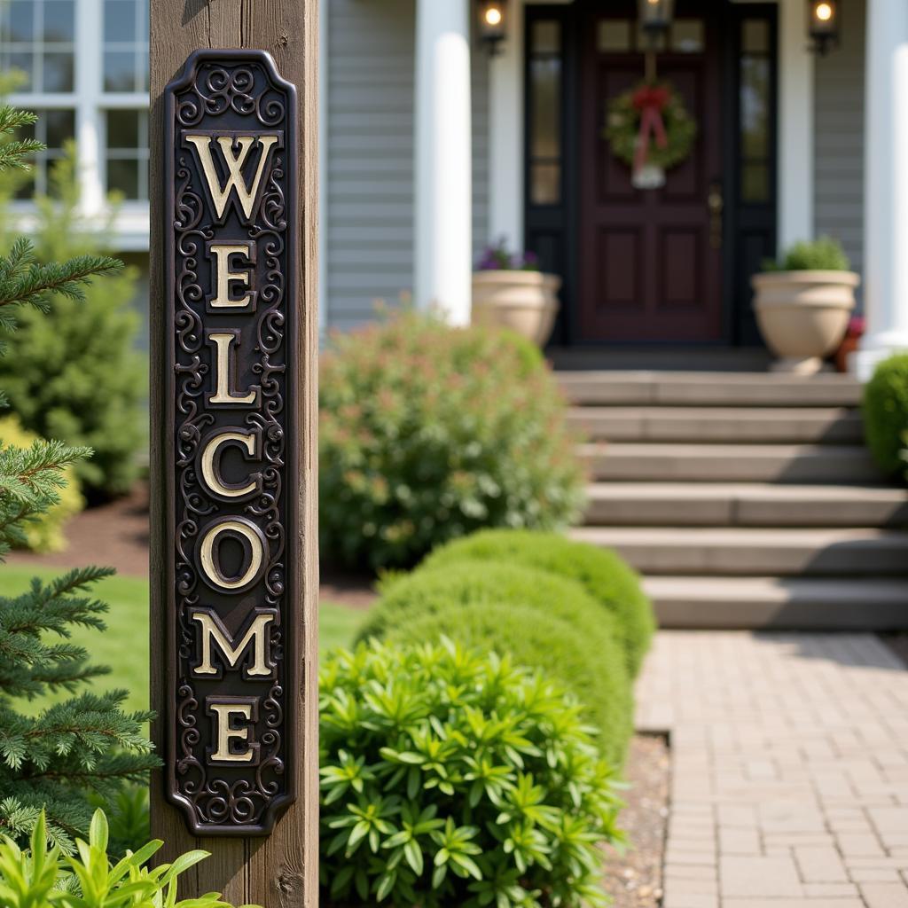 Vertical metal welcome sign adorning a home's entrance, adding a touch of rustic charm.