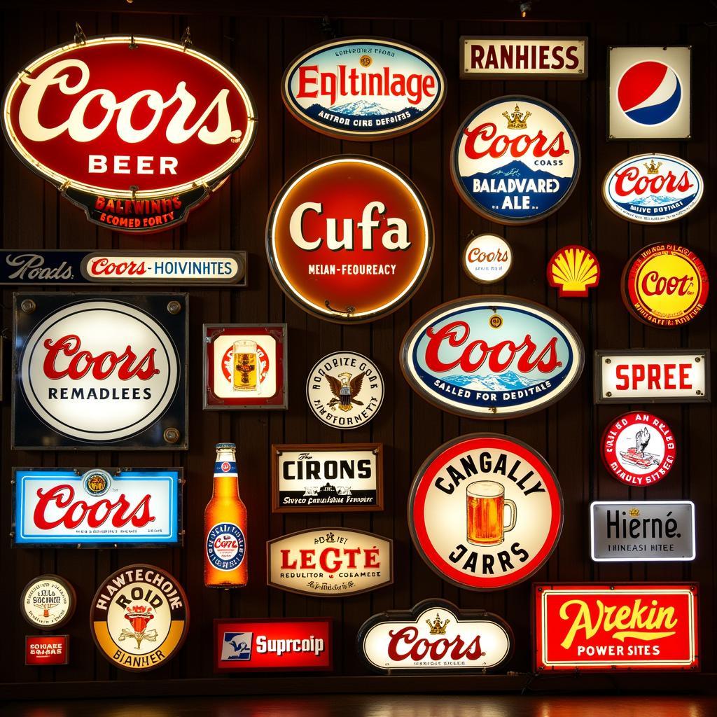 A collection of various vintage Coors beer signs showcasing different eras and designs.