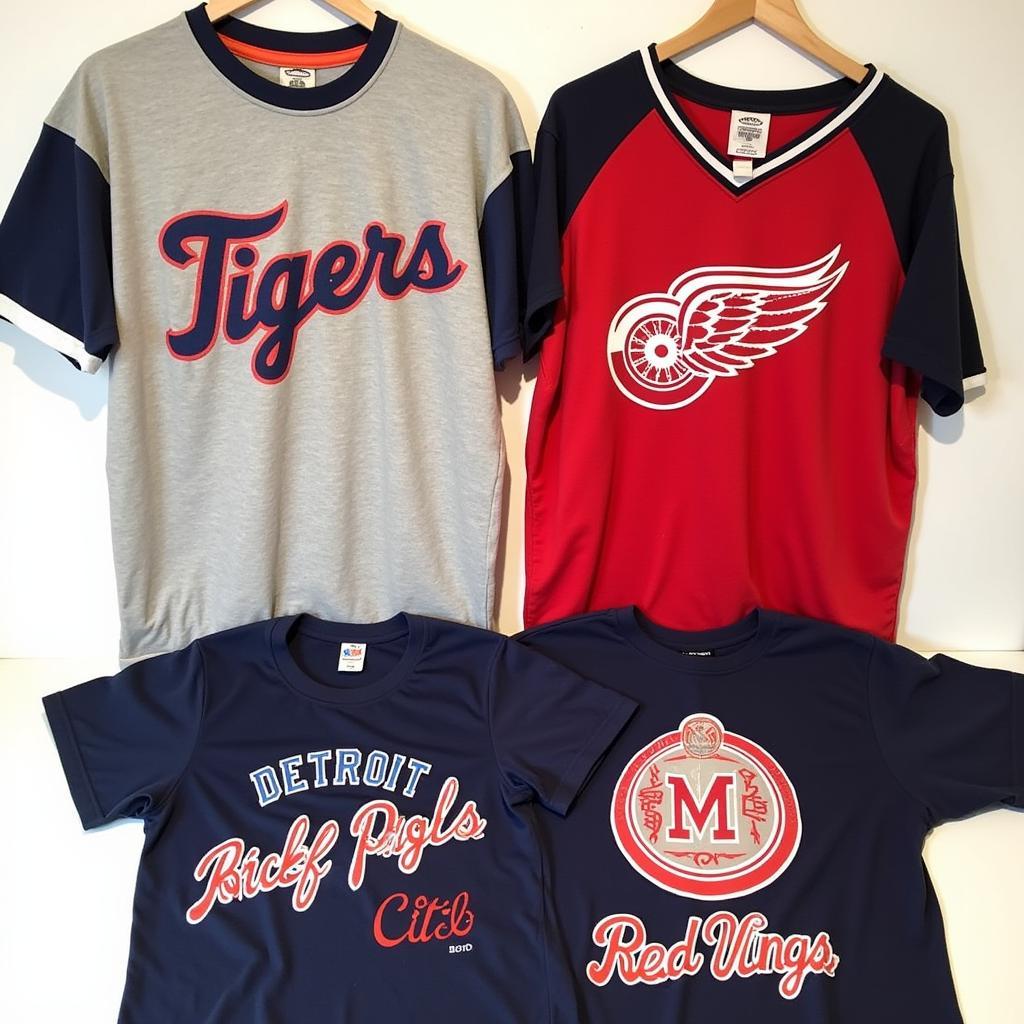 A collection of various vintage Detroit shirts showcasing different styles, teams, and eras.