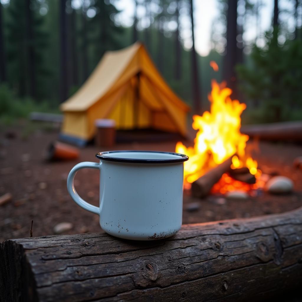 Vintage Enamel Mug in a Camping Scene