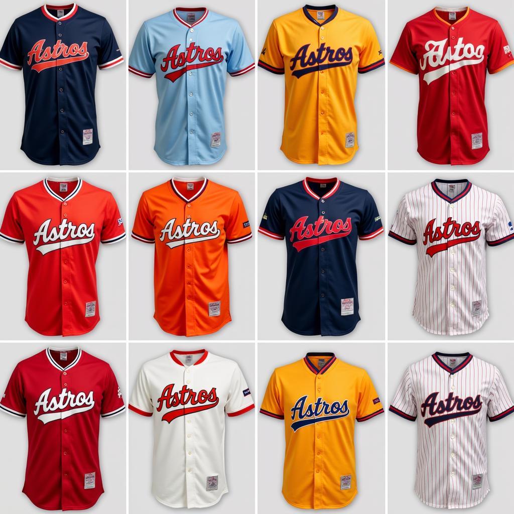 A collection of vintage Houston Astros jerseys, including the 1980 design