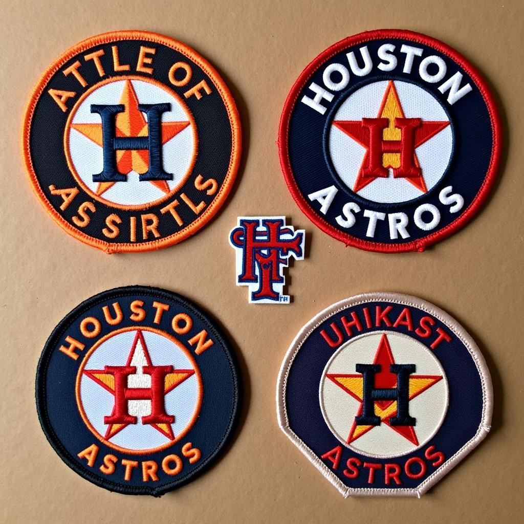 Several vintage Houston Astros patches displayed on a collector's board.