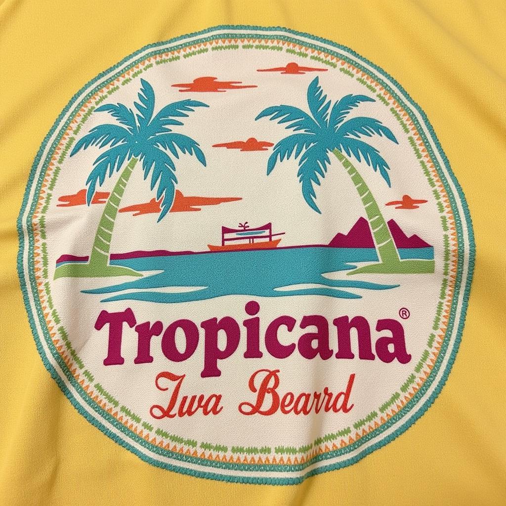 A close-up of a vintage Tropicana t-shirt, showcasing its retro design and faded colors.