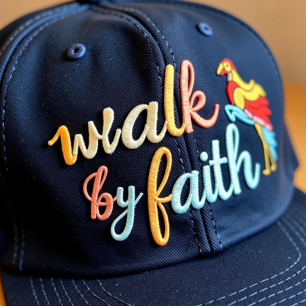 Close-up of a walk by faith hat embroidery