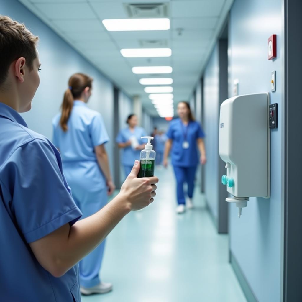 Wall-Mounted Alcohol Dispenser Pump in a Hospital Corridor