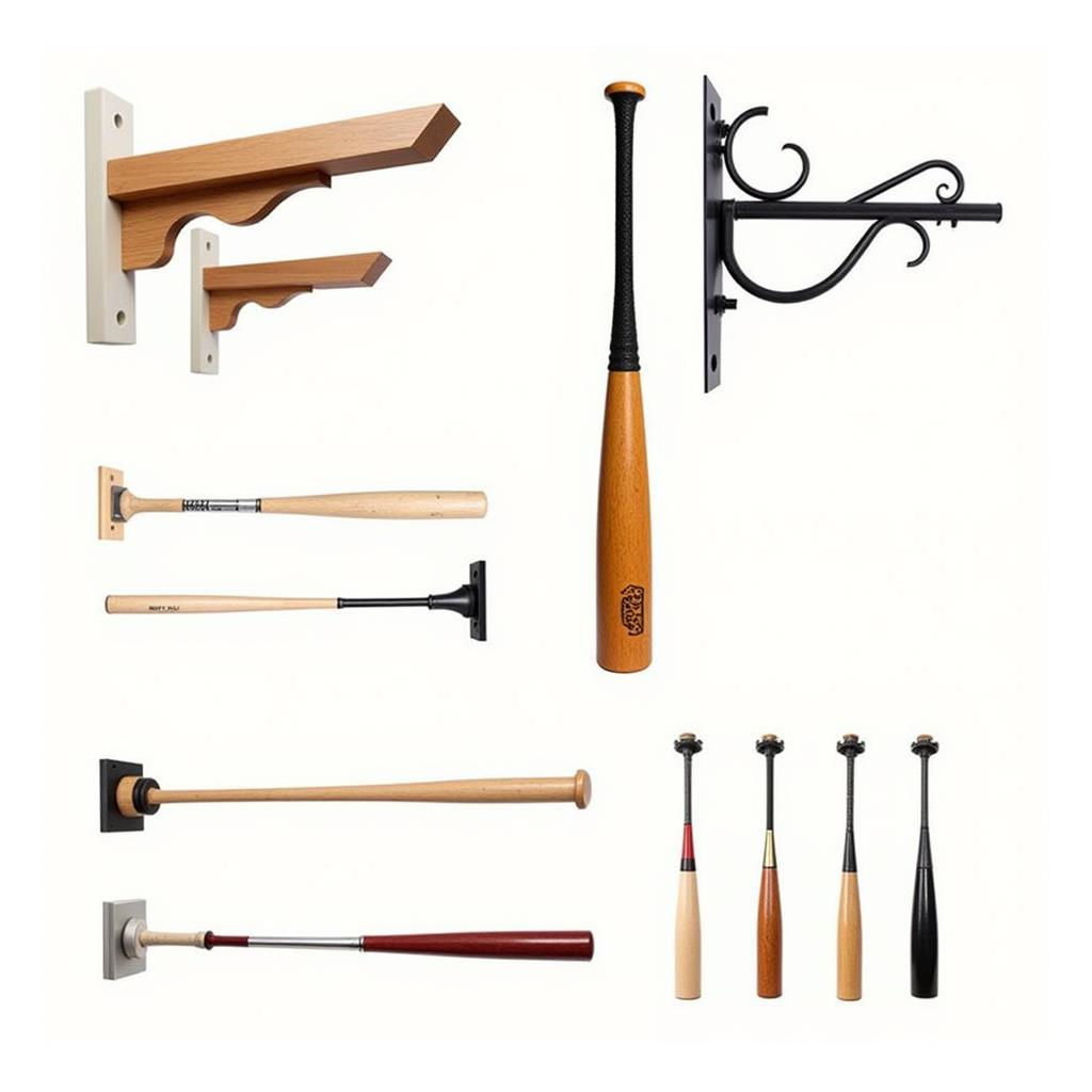 Wall-mounted baseball bat brackets in various materials and designs