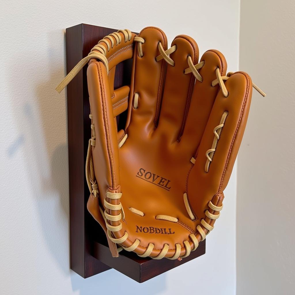 Wall-mounted glove baseball holder displaying a leather baseball glove