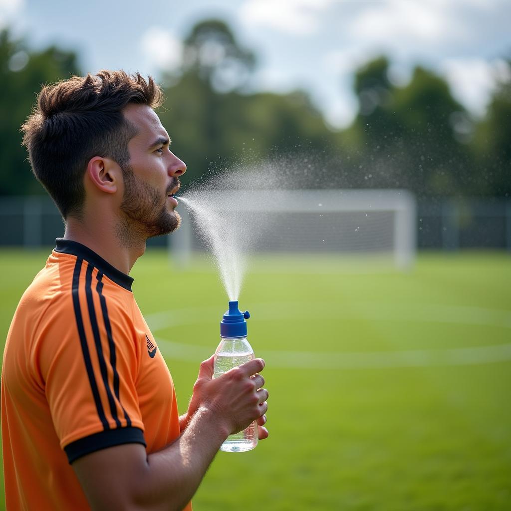 Athlete cooling down with a water bottle mister after intense training