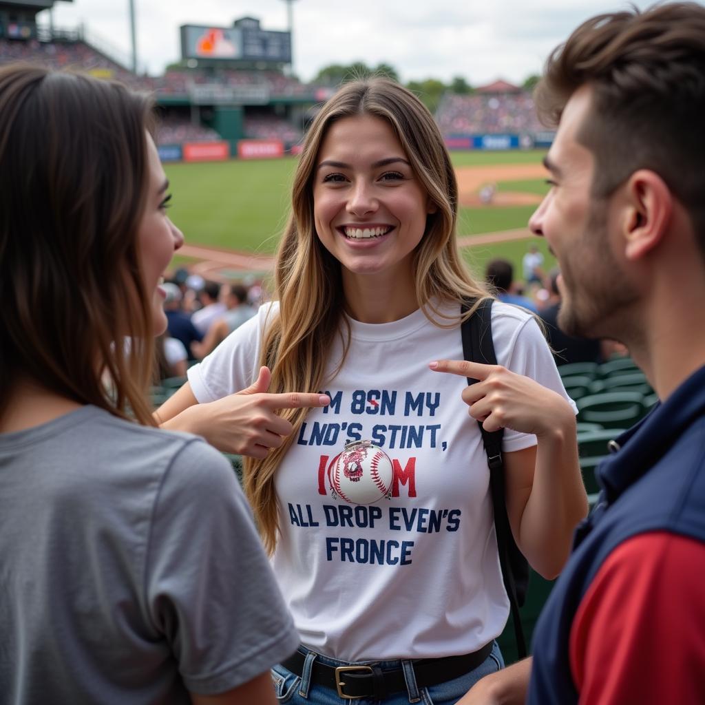 Wearing Baseball Humor Shirts Confidently: A person wearing a baseball humor shirt, smiling and looking confident, at a baseball game.